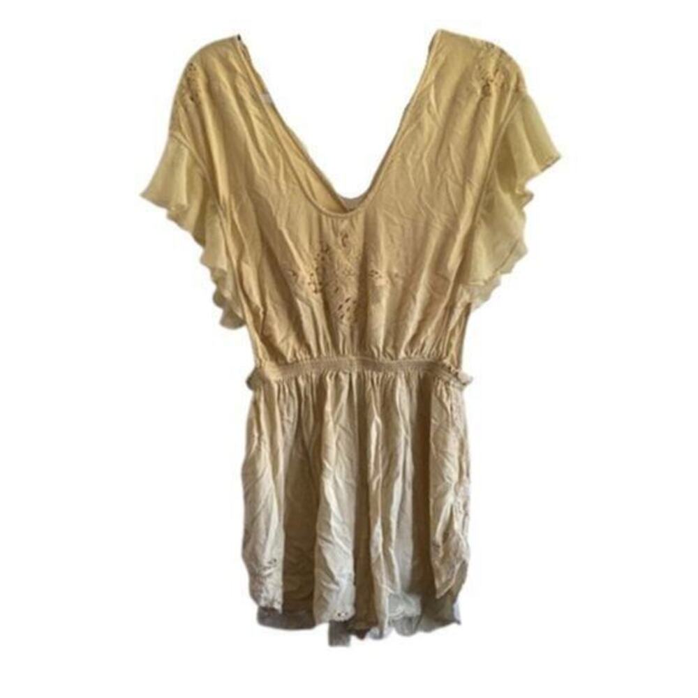 Free People New Romantics Pale Yellow V-neck Flutter Sleeve Romper Size XS